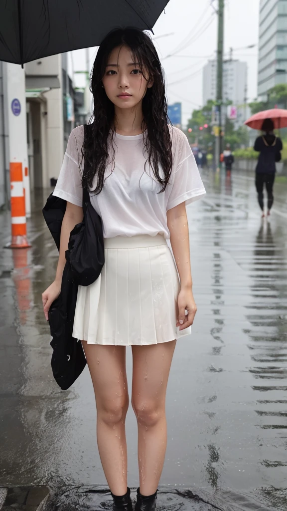 Natural image quality,Standing facing forward, (((looking at the camera))),１People Girls,Japanese,20-year-old,Beauty,tears,Sad expression, Wet short-sleeved summer clothes,Wet Skirt,(Disheveled Hair), ((Wet Hair)), ((Wet body)), ((Wet clothes)), ((Wet Face)), (The whole body is wet from rain), (Rainy city office district)