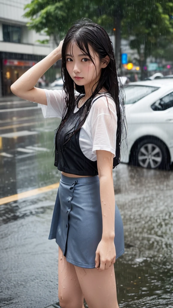 Natural image quality,Standing facing forward, (((looking at the camera))),１People Girls,Japanese,20-year-old,Beauty,tears,Sad expression, Wet short-sleeved summer clothes,Wet Skirt,(Disheveled Hair), ((Wet Hair)), ((Wet body)), ((Wet clothes)), ((Wet Face)), (The whole body is wet from rain), (Rainy city office district)