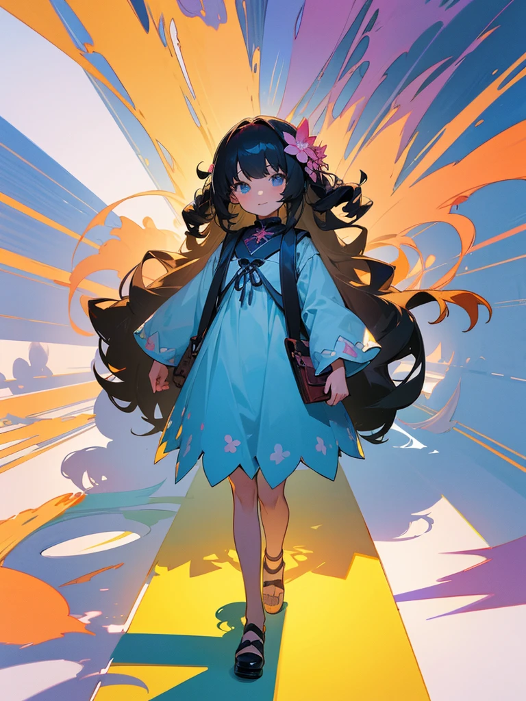 Anime illustration、masterpiece、high quality、10 year old girl、Black fluffy long hair、Hair ornament flower pattern、Summer clothes for kids、Early Afternoon、Shadow stepping game.Summer Passage、stepping on one's own shadow、Hollyhock flower、There is a shibi tree、Cityscape in the distance、There is a low mountain