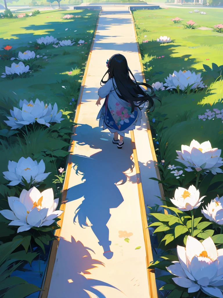 Anime illustration、masterpiece、high quality、10 year old girl、Black fluffy long hair、Hair ornament flower pattern、Summer clothes for kids、Early Afternoon、Shadow stepping game.Summer Passage、stepping on one's own shadow、Hollyhock flower、There is a shibi tree、Cityscape in the distance、There is a low mountain