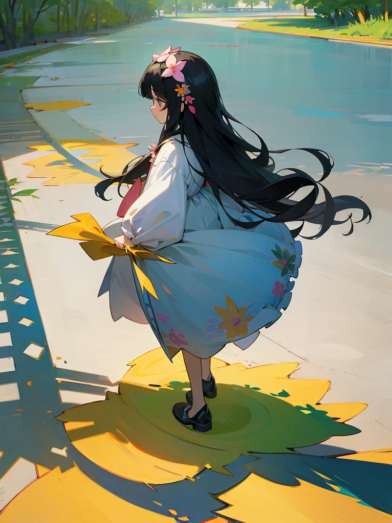 Anime illustration、masterpiece、high quality、10 year old girl、Black fluffy long hair、Hair ornament flower pattern、Summer clothes for kids、Early Afternoon、Shadow stepping game.Summer Passage、stepping on one's own shadow、Hollyhock flower、There is a shibi tree、Cityscape in the distance、There is a low mountain