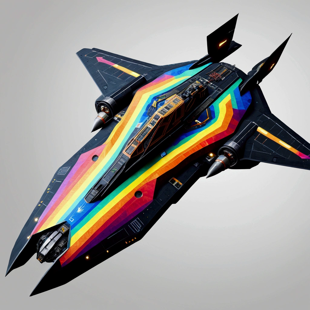 A full image of a long wide giant heavily armored luxurious futuristic flying all terrain space fleet carrier from elite dangerous, covered in rainbow batik pattern and glowing javanese runic symbols, multiple thrusters, multiple helipad, multiple propeller, mobile headquarters, mobile command center, automatic turrets, missile banks, missile defense system, multi-port rear engine arrays, large pivoted missile pods, anti-air batteries, reactive armour over vital spaces, VTOL thrusters, ventral ground-facing VTOL thruster bays, retractable center cannon, white background