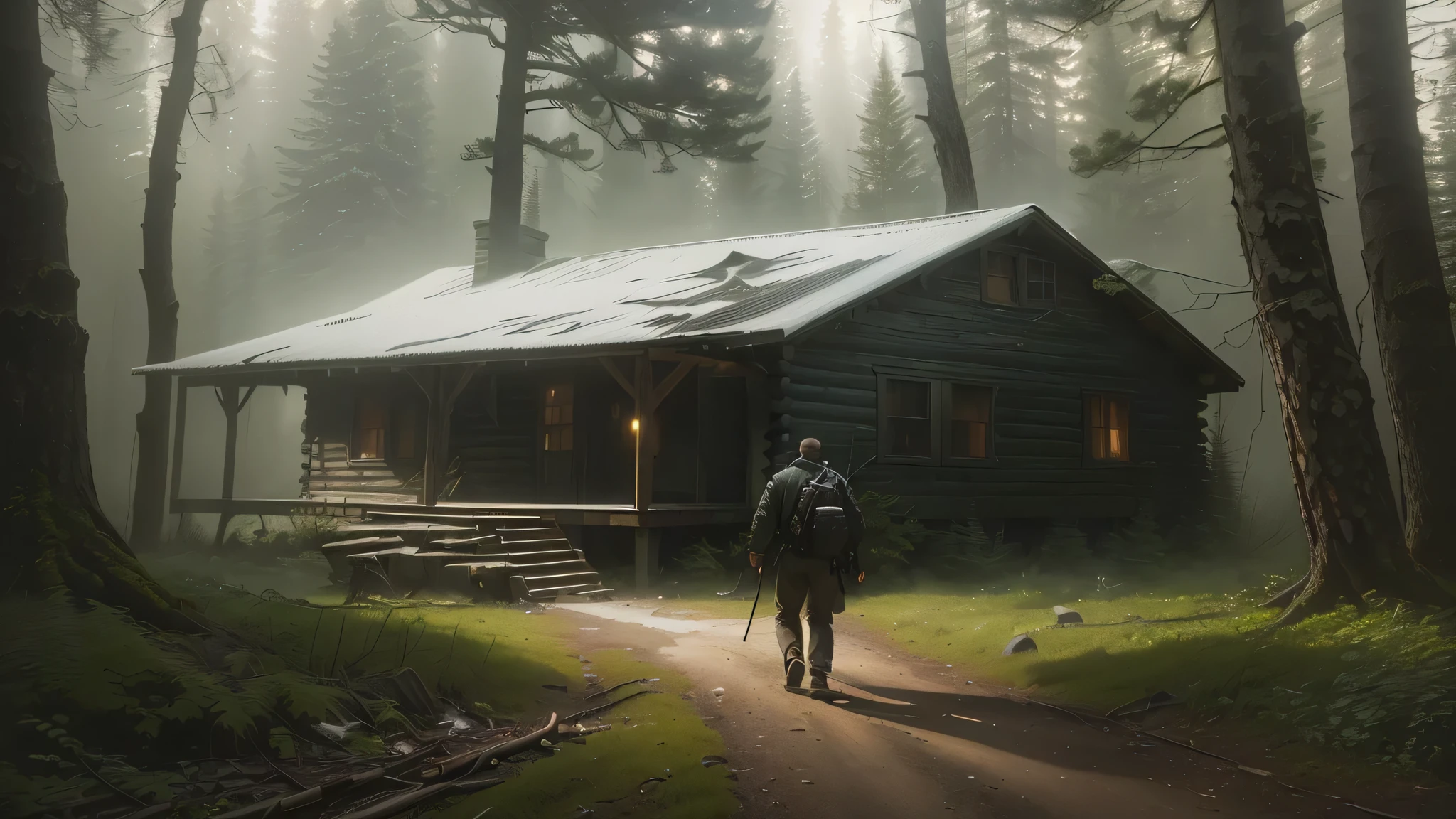 there is a man walking towards a cabin, inspirado em Gregory Crewdson, inspired by Asher Brown Durand, cabin in the forest, arte conceitual escura fotorrealista, hyper-realistic adventure rendering, lonely cottage in the forest, inspired by Michael Komarck, forgotten and lost in the forest, house in the florest, the disappearance of ethan carter, matte digital painting