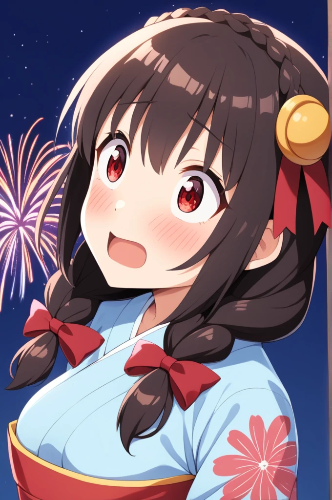 alone, One girl、Crown braids in the same color as your hair, hair ornaments, Hair Ribbon,(A light blue kimono with a red floral pattern and a red obi.)、Red Eyes、Black Hair、(blush:1.5)、(Surprised expression:1.4)、Larger breasts、(Look Back:1.2)、The background is fireworks at night