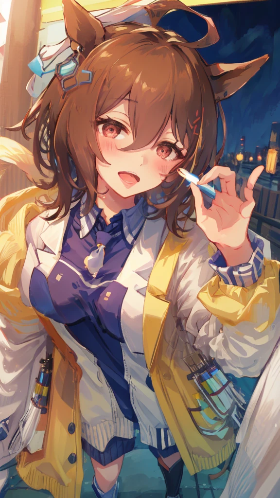 high quality, 8k, seduction of fellatio, (temptation by hand), hand in front of face, pov, strong eyes, side view, profile, 
(from over:1.3), open mouth widely, long tongue, in town, night, 
agnes tachyon \(umamusume\)
, zettairyouiki, blush, lab coat, stocking, sweater, 
gigantic breasts
, 0pen, 
fellatio_gesture, 
FellatioGesture, 

, seductive smile, (looking at viewer:1.4), 
