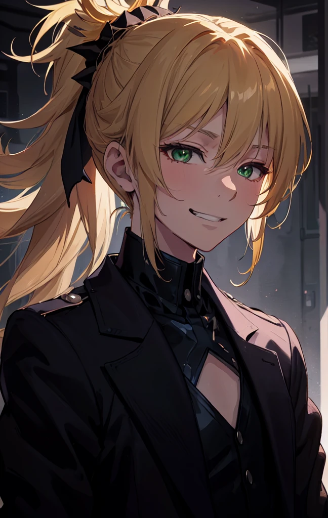 masterpiece, best quality, (detailed anime, video game art, extremely detailed CG unity 8k wallpaper), (best quality), (best illustration), (best shadow), absurdres, realistic lighting, (Abyss), beautiful detailed glow, anime, solo, 1girl, (small chest, portrait, close up shot:1.22), (mordred:0.89), female, feminine, half-closed eyes, masterpiece, best quality, (detailed anime, video game art, extremely detailed CG unity 8k wallpaper), (best quality), (best illustration), (best shadow), absurdres, realistic lighting, (Abyss), beautiful detailed glow, anime, solo, 1girl, (small chest, portrait, close up shot:1.22), (mordred:0.89), female, feminine, blonde hair, green eyes, ponytail, tomboy, long hair, (dynamic pose, attack stance, valkyrie, smirk:1.03), messy hair, royalty warrior, soldier, vicious expression, grin, (head tilt:1.22), cocky, death glare, kubrick stare, perspective view, (\ ( three quarter profile \ ):0.55), suit and tie, overcoat, black suit, belt, spotlight, dark theme