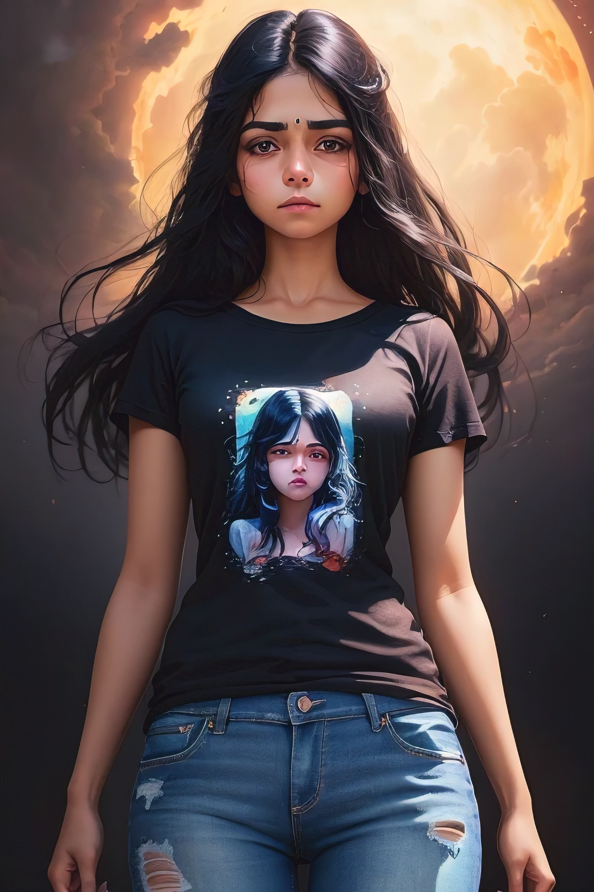 ((best quality)), ((masterpiece)), (detailed), A digital illustration of a long black haired Indian girl in black t-shirt and jeans floating in a dark void with a sad expression on her face