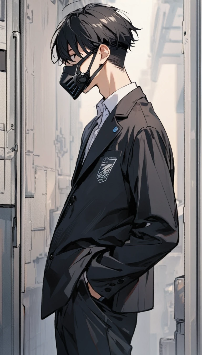 1boy, he is wearing a black high tech mask,black hair covering both his eyes,open white school blazer with logo ,,standing,hands in pocket, calm,closeup,side profile ,