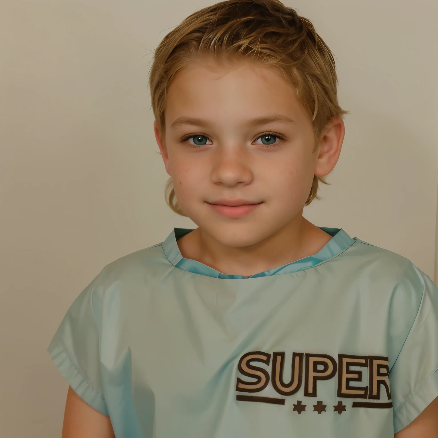 ultra realistic portrait of a 9 year old boy, blonde hair, brown eyes, feminine face, full body portrait, boy as pediatric patient, standing in medical chnage room, wearing teal patient gown