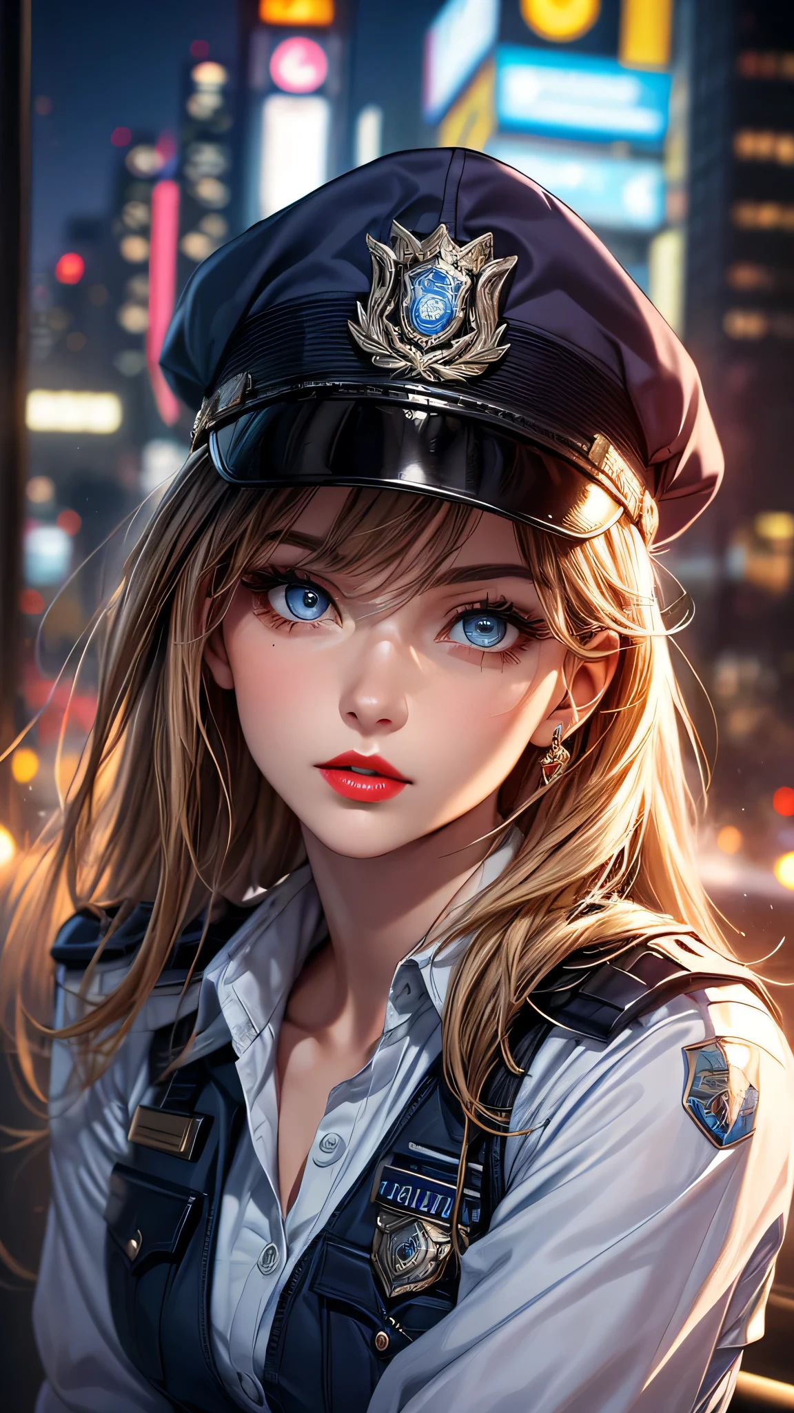 (Highest quality, masterpiece),alone, (Police uniform, Female police officer), stockings,(Very delicate and beautiful face), (Beautiful eyes in every detail), City lights, (Looking at the audience: 1.3), Release your lips, Red lips, Shiny skin, Highest quality, Ultra-high resolution, (realism: 1.4),