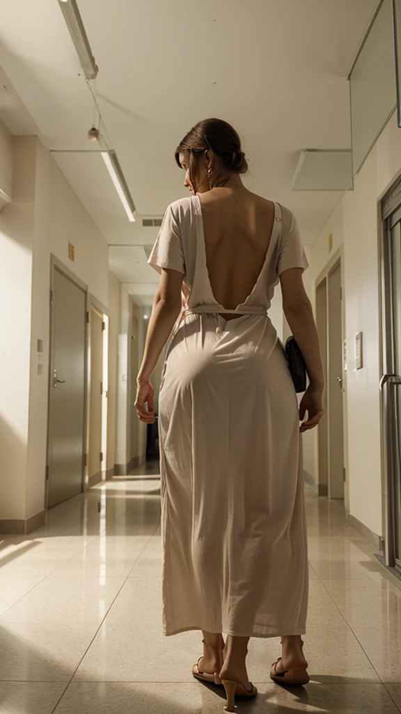 Hospital corridor with a patient in a long gown at the back with her head not turning, we can see her buttocks slightly, she is not in the center of the photo