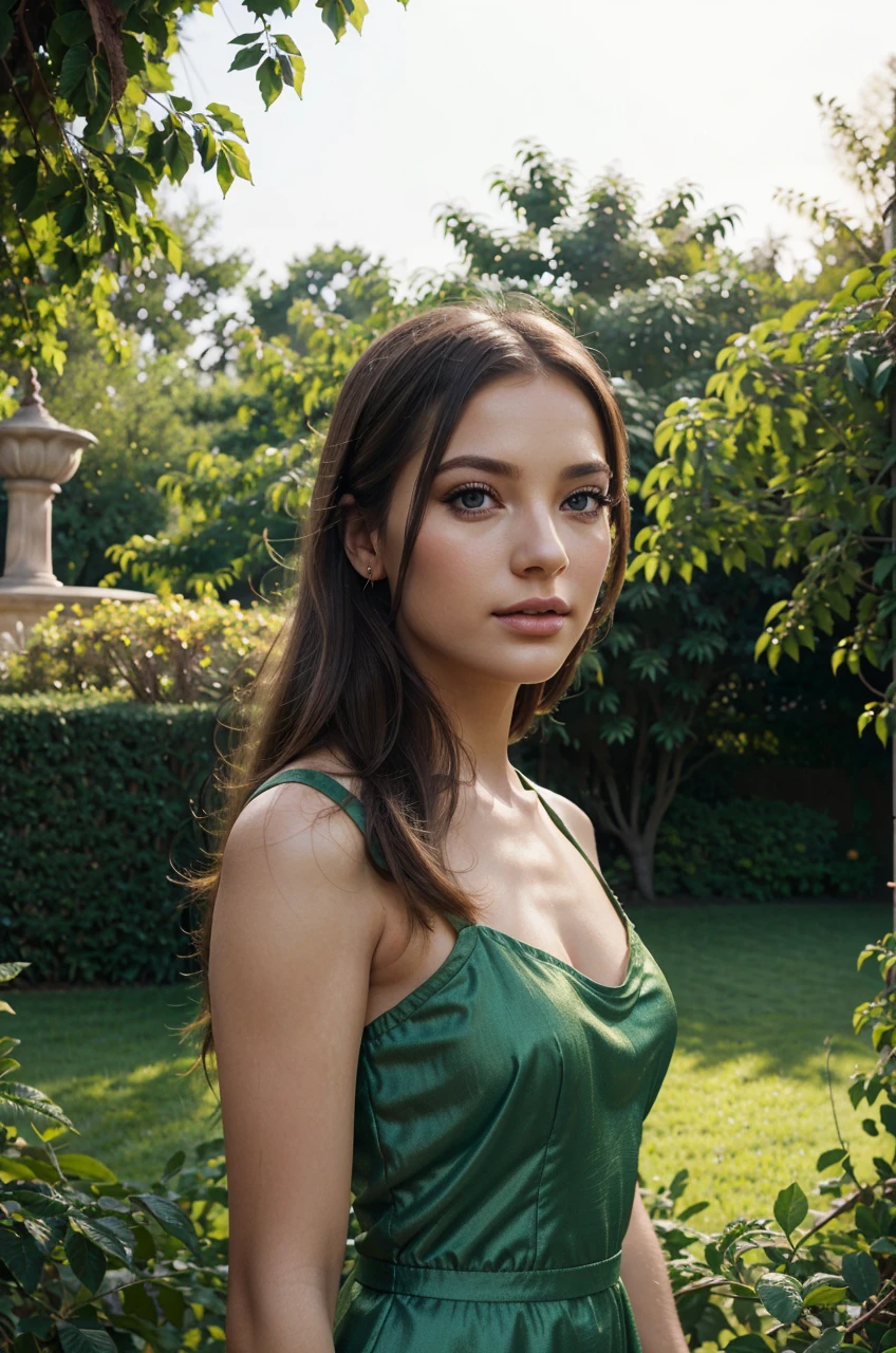 A beautiful young woman, detailed eyes, luscious lips, long eyelashes, elegant dress, outdoor garden setting, vibrant colors, soft lighting, cinematic composition, photorealistic, 4K, best quality, masterpiece