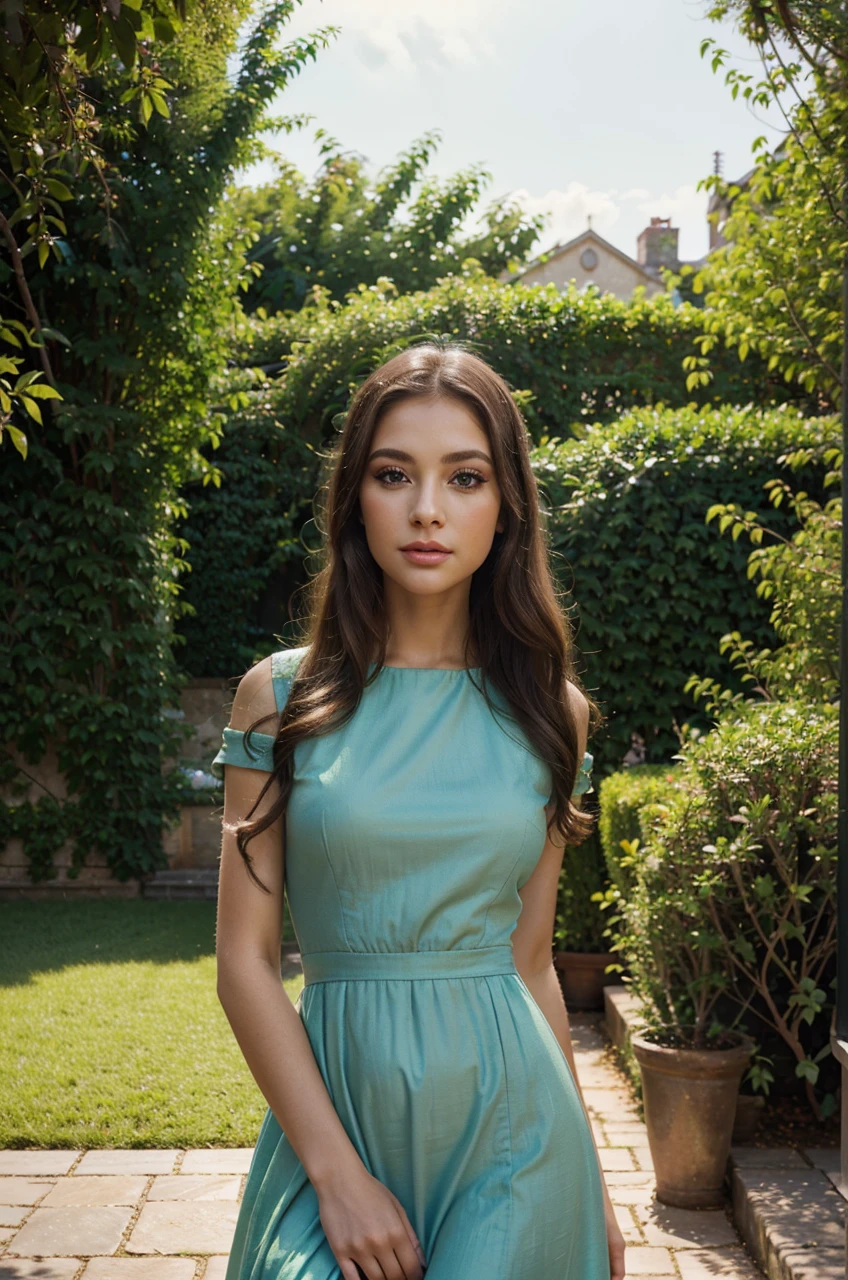 A beautiful young woman, detailed eyes, luscious lips, long eyelashes, elegant dress, outdoor garden setting, vibrant colors, soft lighting, cinematic composition, photorealistic, 4K, best quality, masterpiece