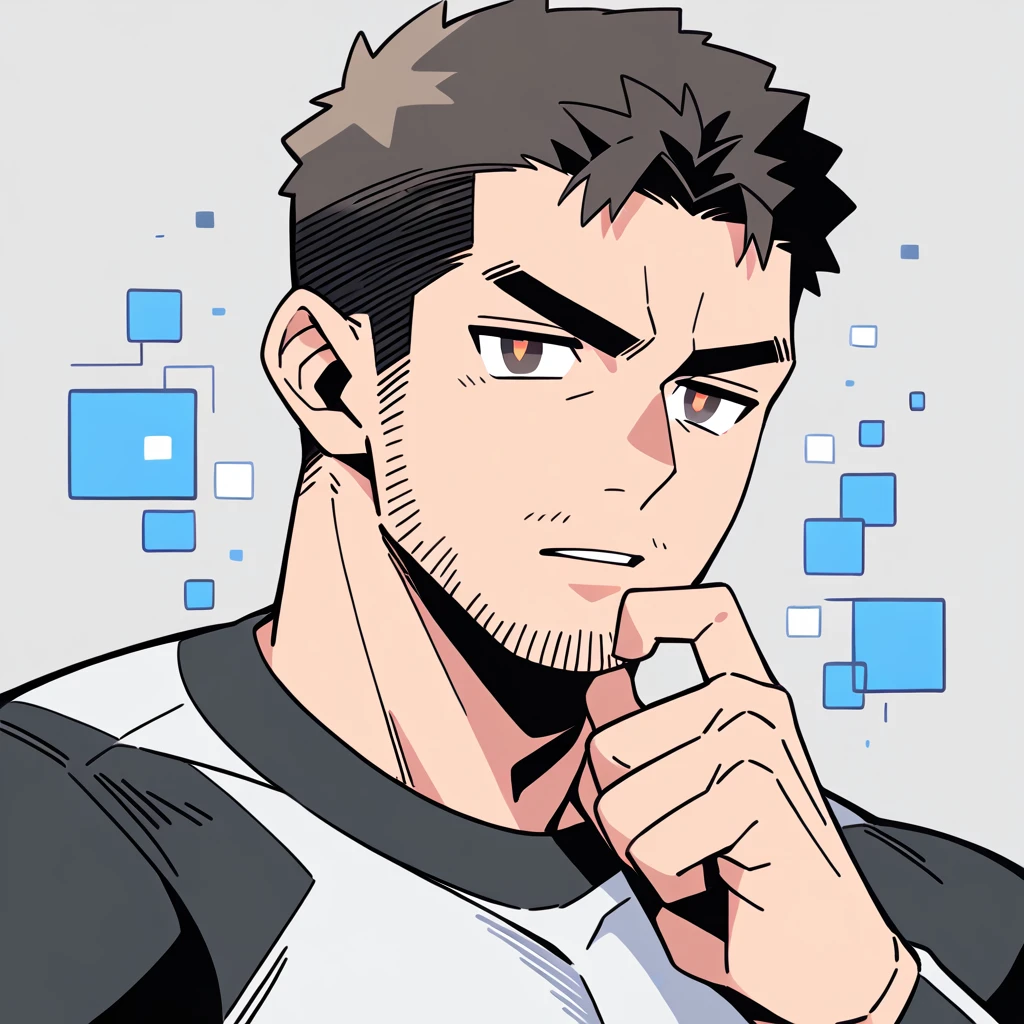 anime characters：Chris Redfield, Muscle Sports Student, Buzz Cut, Manliness, male focus, Dark black high collar long sleeve tight T-shirt, Slightly transparent material, Very tight, Round, full and perky chest muscles, muscular male, muscular, only, Upper body, alone, Black short hair, Thick eyebrows, stubble, Brown-red pupils, Grey background, simple background, amazing quality, best aesthetics, Ridiculous, crew cut, parted lips, v-shaped eyebrows, jitome, best quality