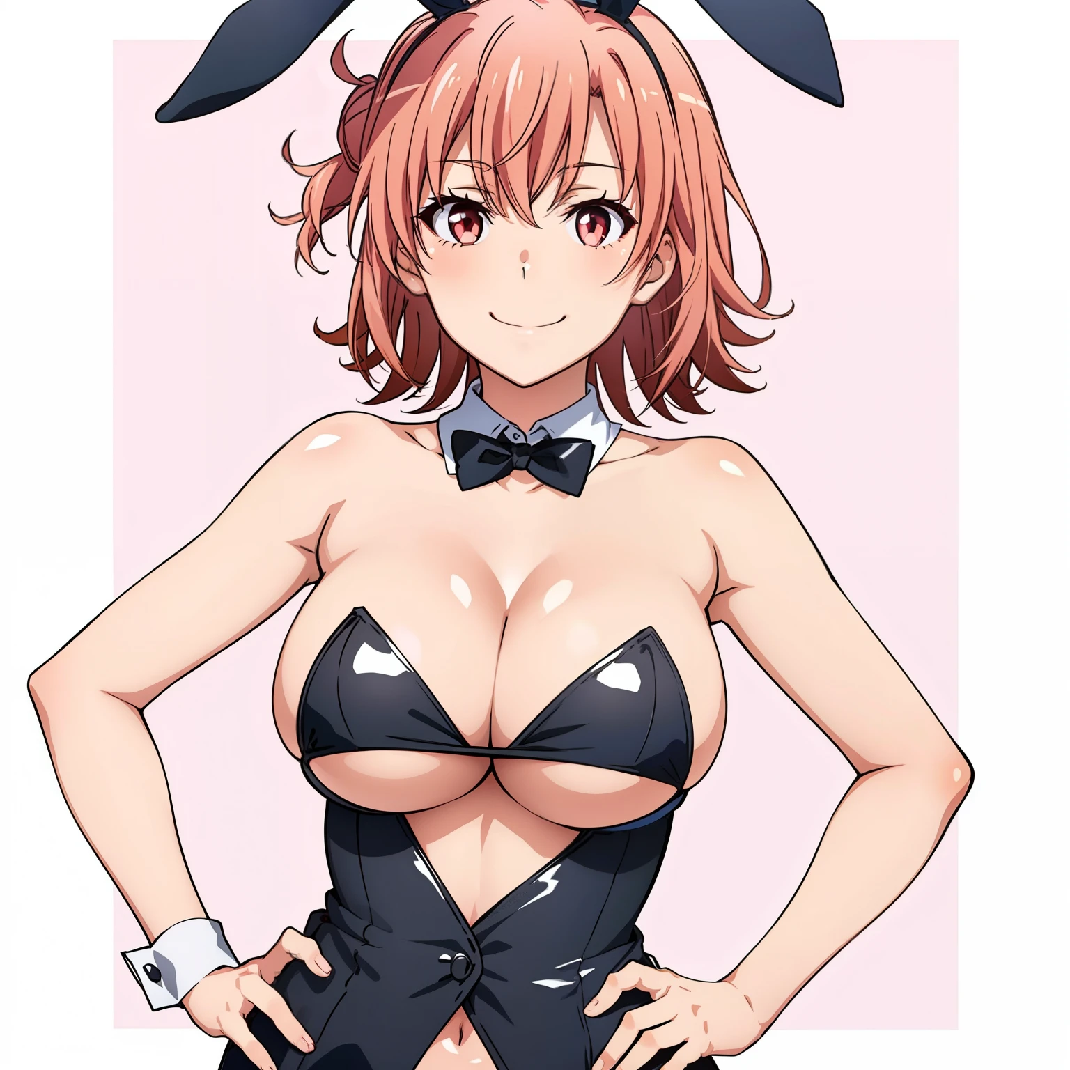 ((masutepiece, Best Quality, hight resolution, nffsw, Perfect Pixel, depth of fields, 4K, )), 1girl in, Solo, , Beautiful anime girl, Beautiful Art Style, close up, Looking at Viewer, shot from the waist up, Perfect body, Yuigahama Yui, Short hair, pink hair, hairbun, (large boob), cleavage, black playboy bunny outfit, smile, hands on hips, blank white background