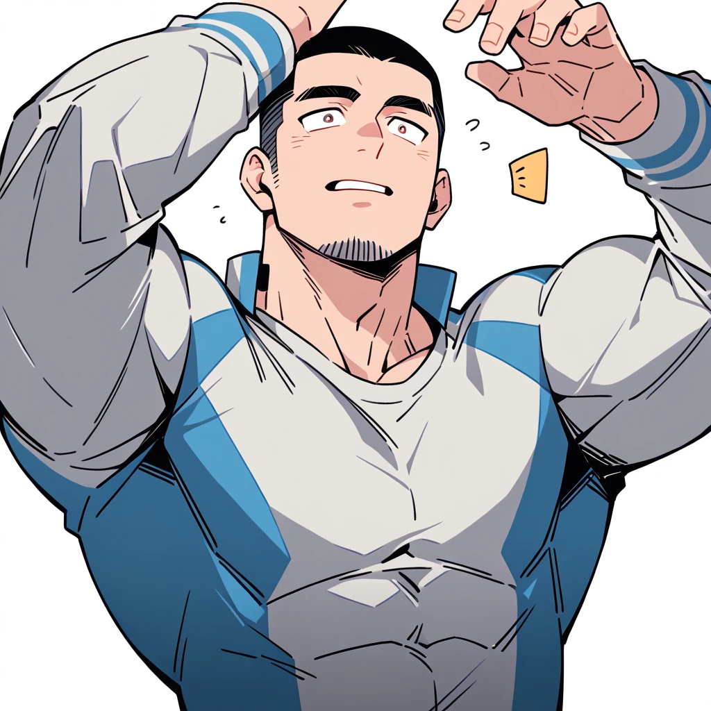 anime characters:Priapus, Muscle Sports Student, Buzz Cut, Manliness, male focus, Light Grey high collar long sleeve tight T-shirt, Very tight, Round, full and perky chest muscles, muscular male, muscular, only, Upper body, alone, Black short hair, Thick eyebrows, stubble, Brown-red pupils, White background, simple background, amazing quality, best aesthetics, Ridiculous, crew cut, parted lips, flustered, endured face, best quality