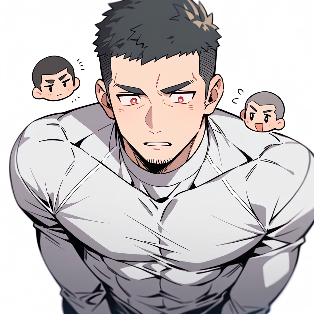 anime characters:Priapus, Muscle Sports Student, Buzz Cut, Manliness, male focus, Light Grey high collar long sleeve tight T-shirt, Very tight, Round, full and perky chest muscles, muscular male, muscular, only, Upper body, alone, Black short hair, Thick eyebrows, stubble, Brown-red pupils, White background, simple background, amazing quality, best aesthetics, Ridiculous, crew cut, parted lips, flustered, endured face, best quality