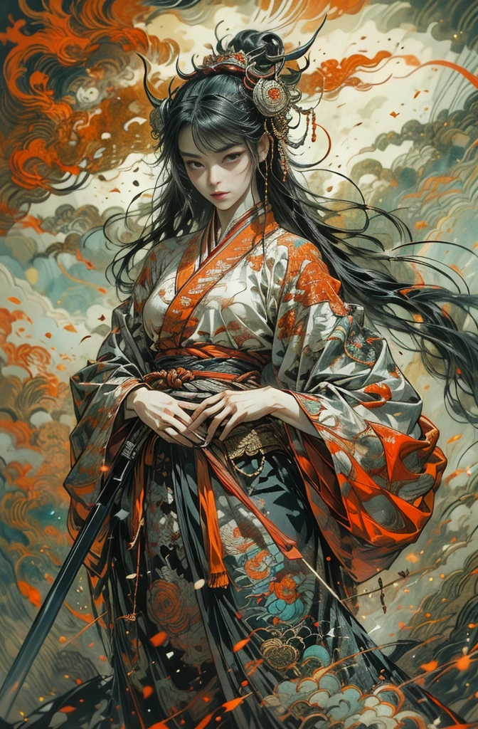 Beautiful demon painting, Demon woman with a sword, Beautiful woman holding a sword, A strong female warrior, female swordsman, Female Bodyguard, Beautiful black-haired demon, Beautiful red kimono, Oiran, Ghost Girl, Female Yakuza, Stylish female samurai, Master Swordsman, Fighting Pose, Very sharp beauty, pretty much beautiful face, Sharp eyes with slit length, Very delicate and beautiful eyes, Captivating woman, Very stylish woman, Five fingered hand, Battle-crazed demon woman, Queen of Asura, Full Body Tattoo, wide, Rashomon, Jan J, Written by Ku Lei Lei, Detailed art of a female swordsman, By Fong Zhu, Li Song, Beautiful character drawings, by Li Zai, Chengwei Pan at Art Station, Inspired by Chung Fenghua, By Liang Kai, g lillian art style, Chen Yifei, Female painting, Vivid and colorful paintings, Gorgeous and luxurious, Gweitz masterpiece, Gweitz, artwork in the style of Gweitz, Gweitz on pixiv artstation, Japanese Goddess, Gweitz on artstation pixiv, Organic seductive, takato yamamoto aesthetic, tumbler, Chen Yifeiに影響を与えた作品, Works that influenced Francesco Hayes, Inspired by Hendrik Terbruggen, Jean＝Works that influenced Auguste Dominique Ingres, Works that influenced Liu Jun, Jean＝Works that influenced Auguste Dominique Ingres, artwork in the style of Switzerland, by Jan J, Switzerland, Beautiful Art UHD 4K, Detailed painting 4k, Beautiful digital art, Beautiful artwork illustration, Switzerland masterpiece, By Chen Yanjun, Lee Song, Highest quality, The perfect angle, Perfect composition, Best Shot, Official Art, Cinematic Light, Figurative art, Beautiful and expressive paintings, Beautiful artwork illustration, Extremely delicate and detailed painting style, Beautiful and subtle effects, Elegant and beautiful painting art, The pinnacle of painting beauty, Perfect light, Perfect composition, The perfect angle, Perfect subject, Best Shot, Female Solo, Sharp contours