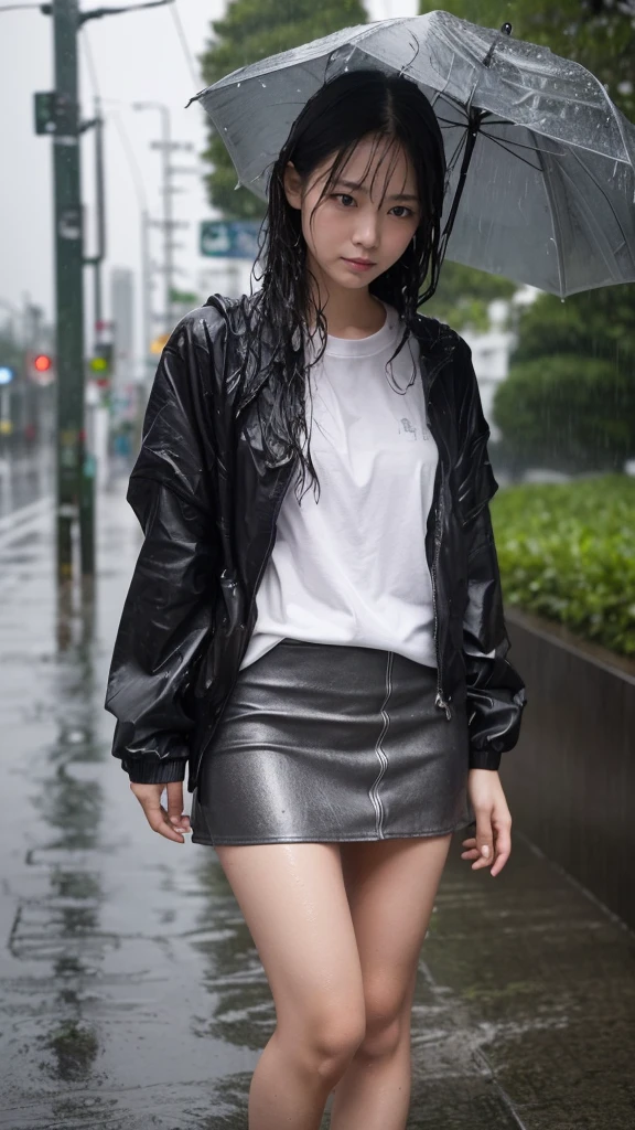 Natural image quality,Standing facing forward, (((looking at the camera))),1People Girls,Japanese,20-year-old,Beauty,tears,Sad expression, Wet short-sleeved summer clothes,Wet fabric skirt,(Disheveled Hair), ((Wet Hair)), ((Wet body)), ((Wet clothes)), ((Wet Face)), (The whole body is wet from rain), (Rainy city office district)