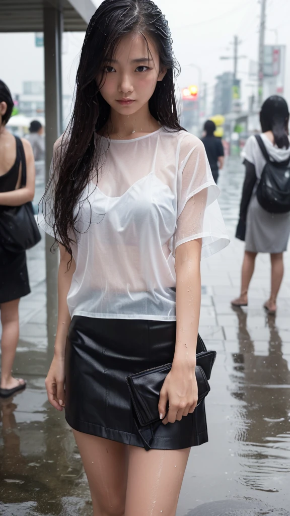 Natural image quality,Standing facing forward, (((looking at the camera))),１People Girls,Japanese,20-year-old,Beauty,tears,Sad expression, Wet short-sleeved summer clothes,Wet fabric skirt,(Disheveled Hair), ((Wet Hair)), ((Wet body)), ((Wet clothes)), ((Wet Face)), (The whole body is wet from rain), (Rainy city office district)