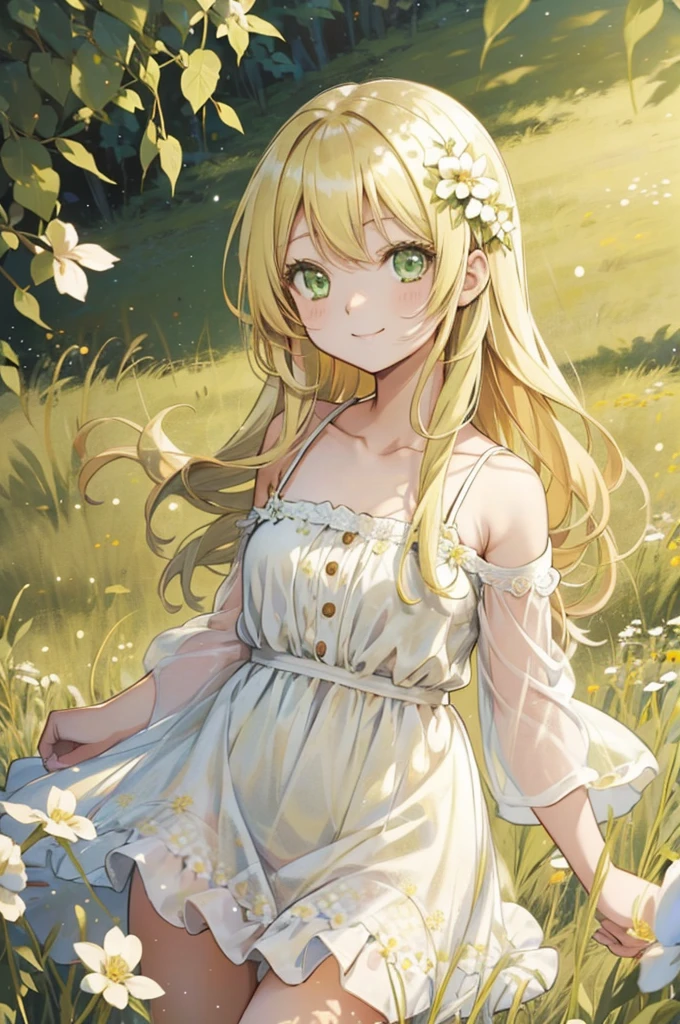 An anime girl, green eyes, blond medium leight hair, posing for camera, standing in a field of flovers, in white summer dress with dots, lightly smile on her face