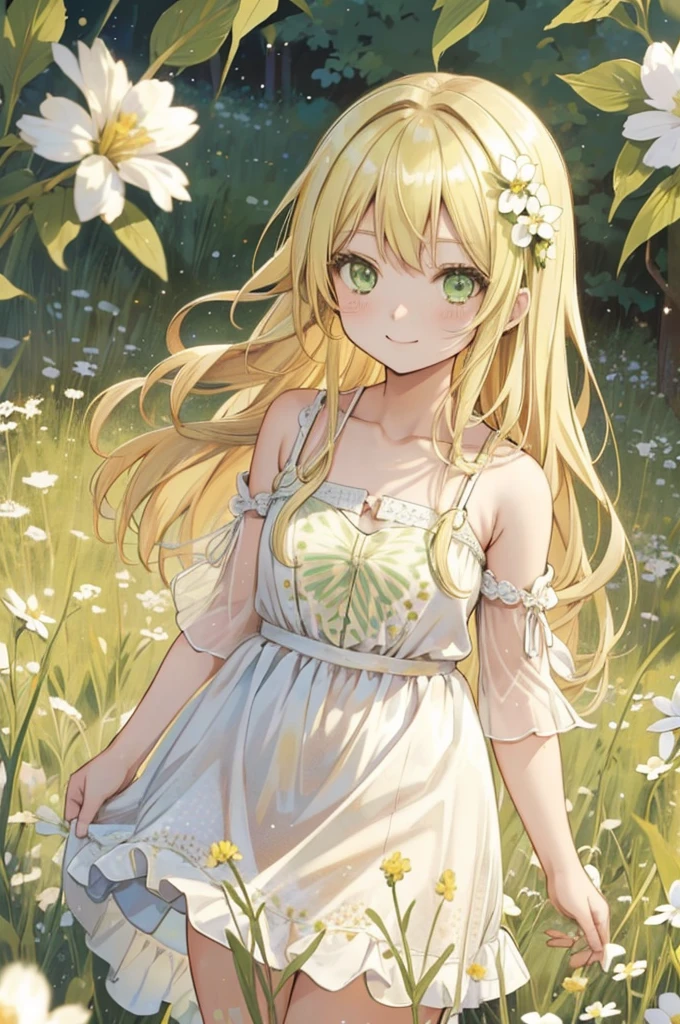 An anime girl, green eyes, blond medium leight hair, posing for camera, standing in a field of flovers, in white summer dress with dots, lightly smile on her face