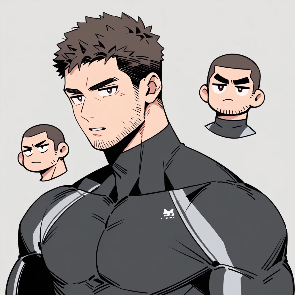 anime characters:Chris Redfield, Muscle Sports Student, Buzz Cut, Manliness, male focus, Dark black high collar long sleeve tight T-shirt, Very tight, Round, full and perky chest muscles, muscular male, muscular, only, Upper body, alone, Black short hair, Thick eyebrows, stubble, Brown-red pupils, Grey background, simple background, amazing quality, best aesthetics, Ridiculous, crew cut, parted lips, v-shaped eyebrows, jitome, best quality