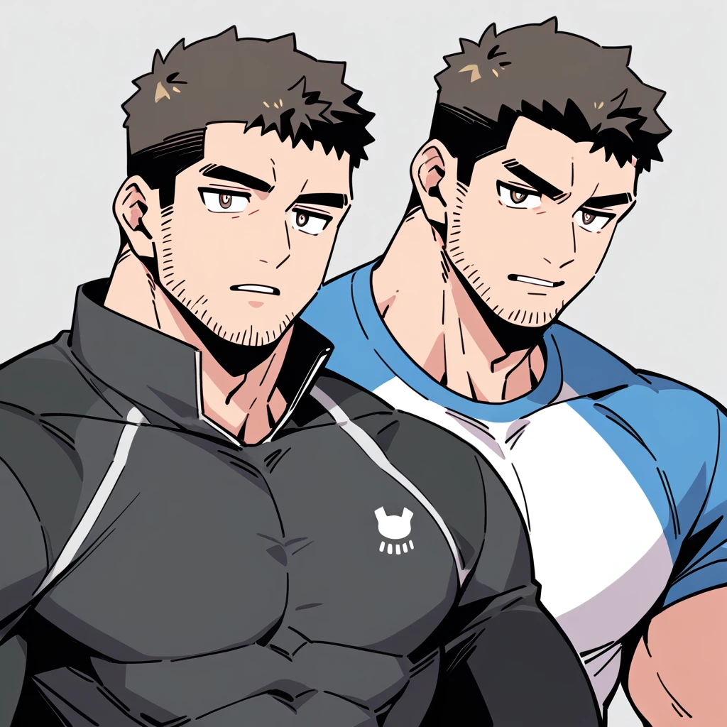 anime characters:Chris Redfield, Muscle Sports Student, Buzz Cut, Manliness, male focus, Dark black high collar long sleeve tight T-shirt, Very tight, Round, full and perky chest muscles, muscular male, muscular, only, Upper body, alone, Black short hair, Thick eyebrows, stubble, Brown-red pupils, Grey background, simple background, amazing quality, best aesthetics, Ridiculous, crew cut, parted lips, v-shaped eyebrows, jitome, best quality