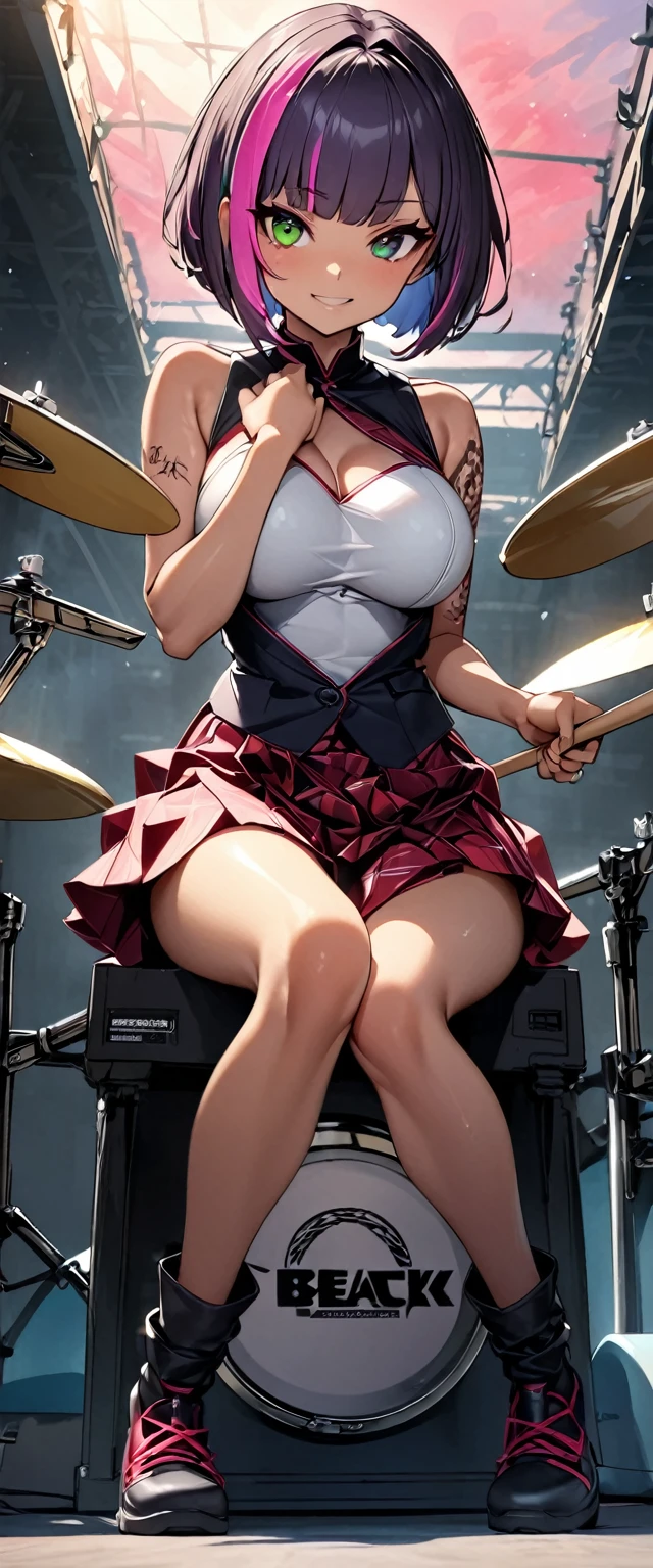 (highest quality:1.2, Very detailed, up to date, Vibrant, Ultra-high resolution, High Contrast, masterpiece:1.2, highest quality, Best aesthetics), Portraiture、girl、slim, , heterrochromia, green eye, red eye, ((playing the rock drums:1.9)), (beat drums:1.7), sitting in drums kit, Passionate performance、stage、performance、Rock Music、Bright colors、Beautiful fine details、Beautiful lip detail、extra short hair, ((bob cut:1.5))、pink and purple ((streaked hair:1.9)), (highlights hair: 1.6), middium breast, (tan skin:1), Music band、(powerful pose:1)、Concert Light、Edgy Style、colorful Cheongsam, (no sleeve:1)、Dynamic Movement、hypnotic sounds、Stadium、amplifier、Loud music、Drams、rock drums set, ((holding drum stick both hands:1.6)),Sparkling stage、Concert atmosphere、Music Festival、Full of emotion、Rock star attitude、Resolute expression、Avid Fan、The presence of an attractive stage、 Expressive gestures、Rock star aura、An exciting atmosphere、Sing with all your heart、An unforgettable show, (Floral Fineline tattoo design on right arm:1), ((full body:1.5)),