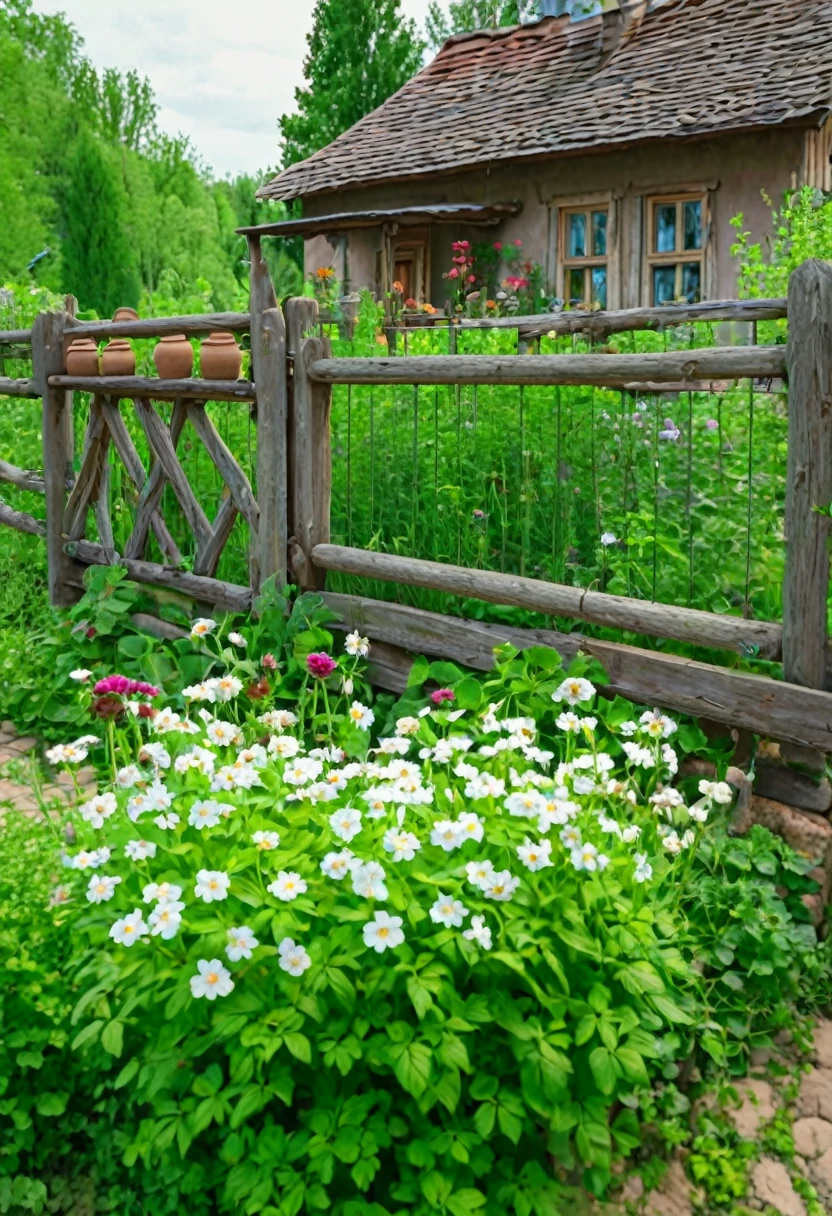 there are two clay pots sitting on a fence in front of a house, ukraine. photography, in a cottagecore flower garden, in the countryside, cottagecore flower garden, rustic setting, cottagecore!!, cottagecore, beautiful scene, lush garden in the background, pots with plants, russian village, old village, home and garden