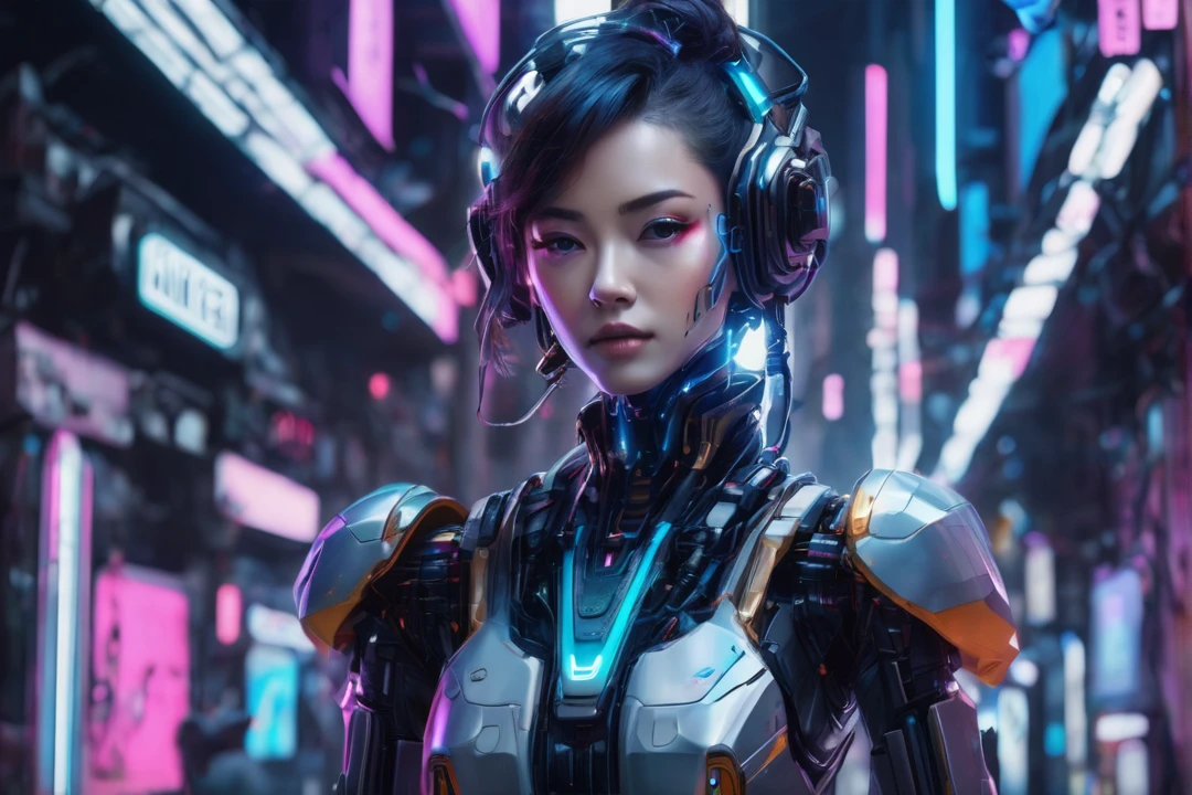 ```
Create a YouTube channel banner with the following specifications:
- Size: 1546 × 423 pixels, but ensure the main content fits within 1546 x 423 pixels
- Theme: CyberWaveLofi, a channel that produces lo-fi music
- Central text: "CyberWaveLofi" in a futuristic, space-themed font, prominently displayed in the center
- Main visual: A clearly human-like but obviously female AI cyborg with a proportionate neck, an attractive face, and stylish hair
- Background: Futuristic and cool, with a cyberpunk aesthetic
- Use colors and elements that convey a near-future, high-tech vibe
```