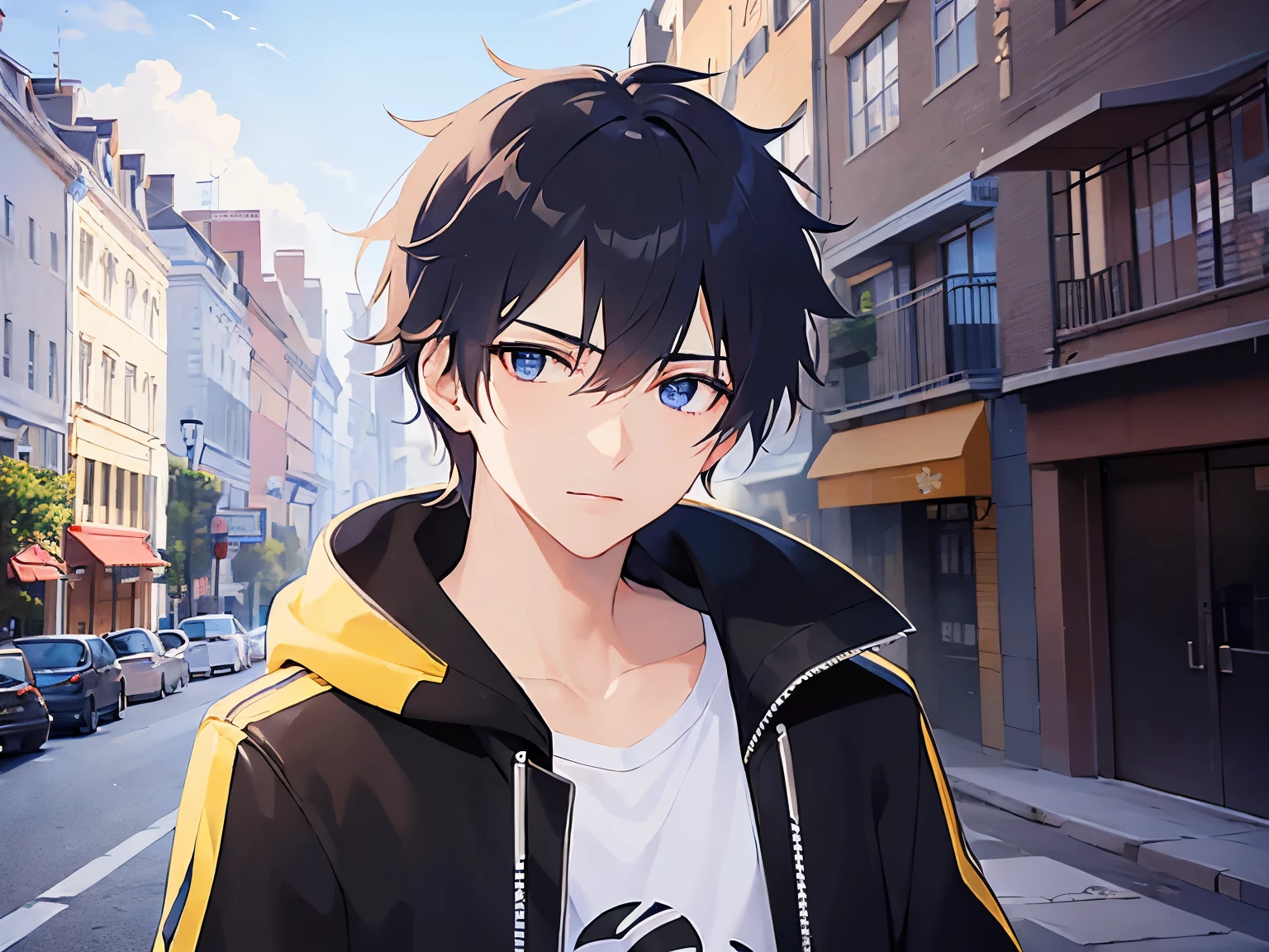 (25-year-old male:1.5) and (Black short hair) and (blue eyes)、(looking away:1.5),upper body、Side shot、
shiny skin, masterpiece、Highest quality、
black hoodie ,running、
wood、Night Sky