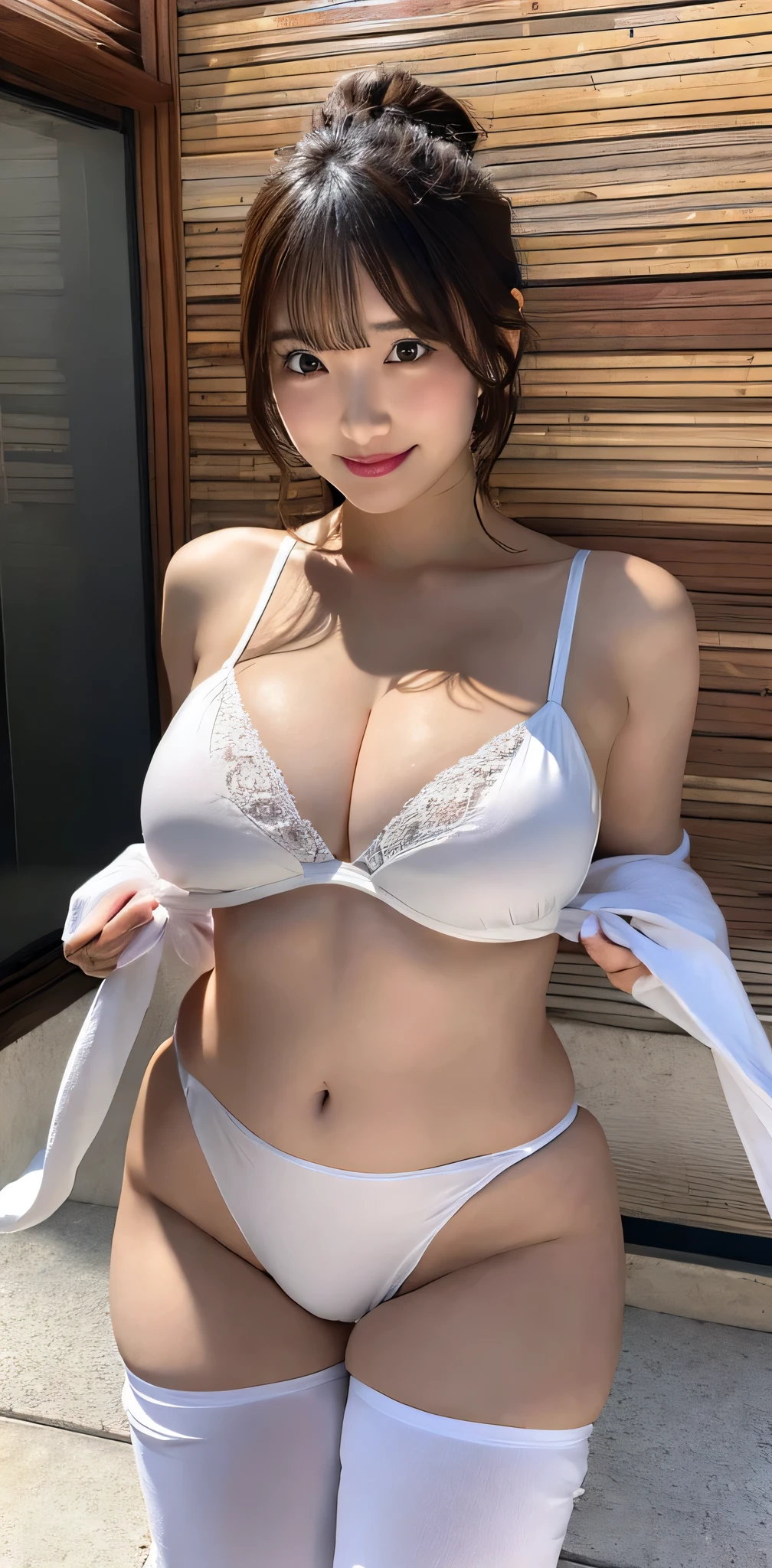 (4k yen、Highest quality)、(Realistic、Photorealistic)、(Yakian)、
One Girl、solo、whole body、(face to Viewer)、
Perfect hands、look up_in_Viewer、
White shirt、
outside of home、Sandy Beach、Detailed painted face、Square Glass、Sensually Chubby、The best smile、Light brown ponytail hair,(Very large breasts bigger than a face:1.85)), Cleavage:1.3),(white erotic lingerie:1.3), (Camel Toe),Age 35、Nogizaka idol、actress、Korean Idol、Gravure idol pose, (((very accurate anatomy))), ((((Always have two armust have only two legs)))), ((very accurate anatomy))), ((((Always have two armust have only two legs))))