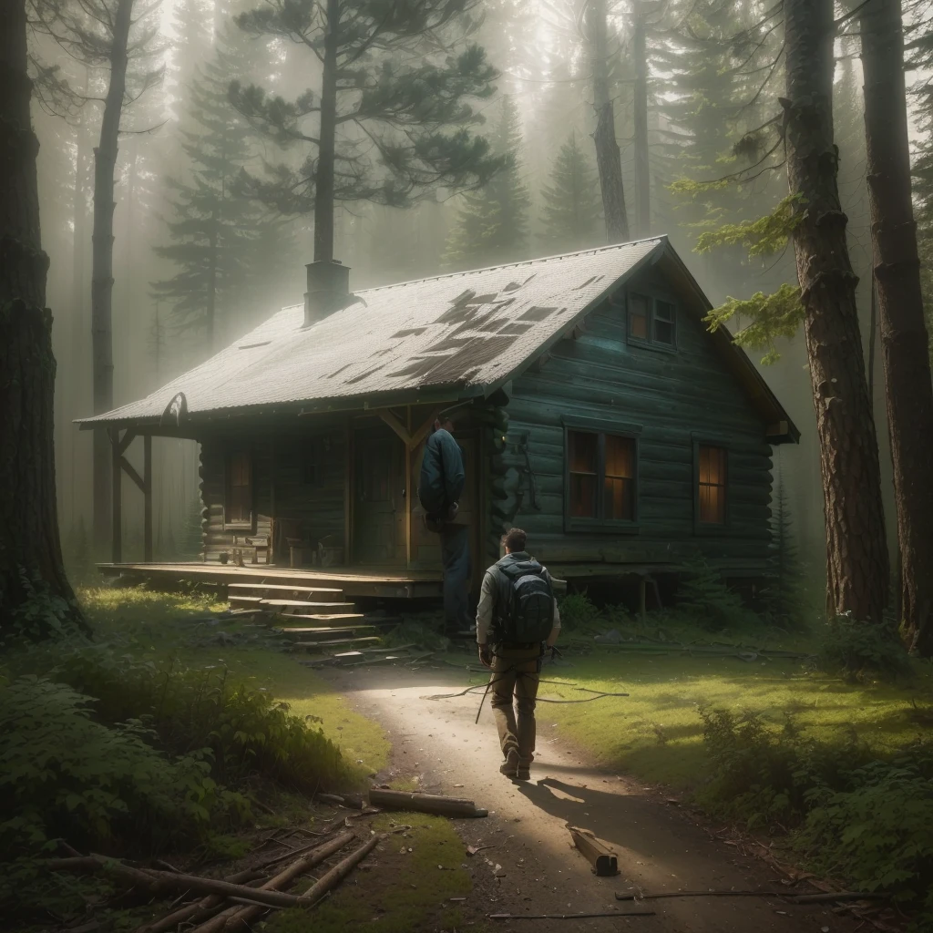 there is a man walking towards a cabin, inspirado em Gregory Crewdson, inspired by Asher Brown Durand, cabin in the forest, arte conceitual escura fotorrealista, hyper-realistic adventure rendering, lonely cottage in the forest, inspired by Michael Komarck, forgotten and lost in the forest, house in the florest, the disappearance of ethan carter, matte digital painting