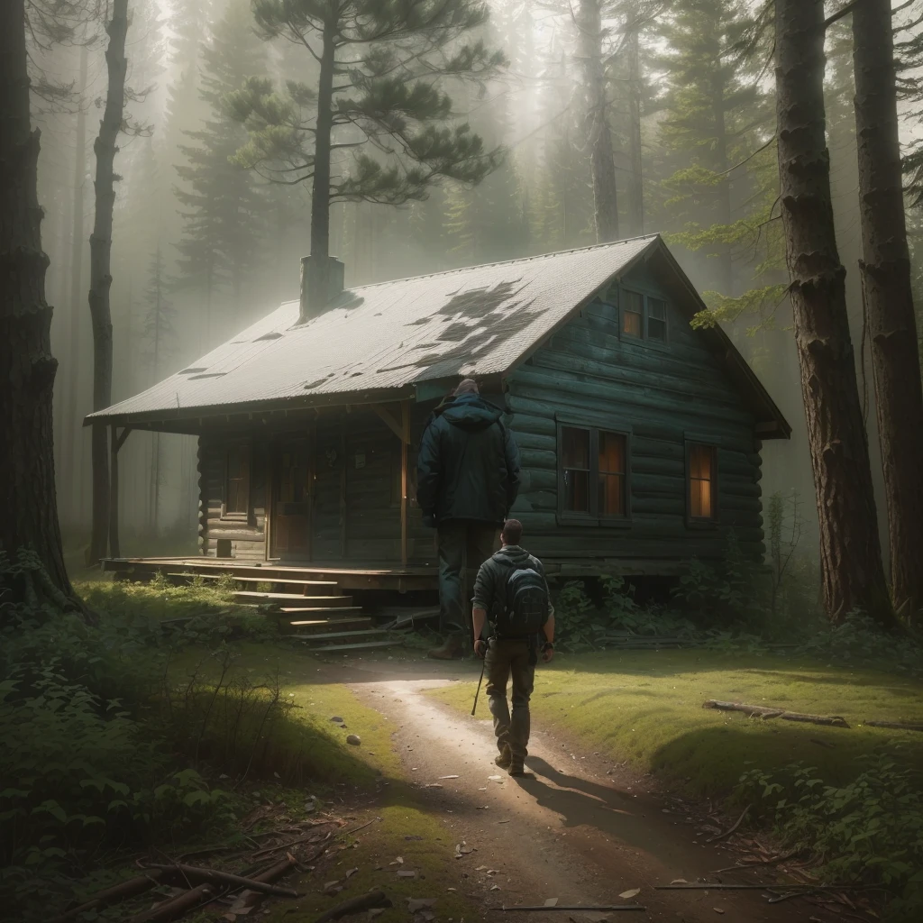 there is a man walking towards a cabin, inspirado em Gregory Crewdson, inspired by Asher Brown Durand, cabin in the forest, arte conceitual escura fotorrealista, hyper-realistic adventure rendering, lonely cottage in the forest, inspired by Michael Komarck, forgotten and lost in the forest, house in the florest, the disappearance of ethan carter, matte digital painting