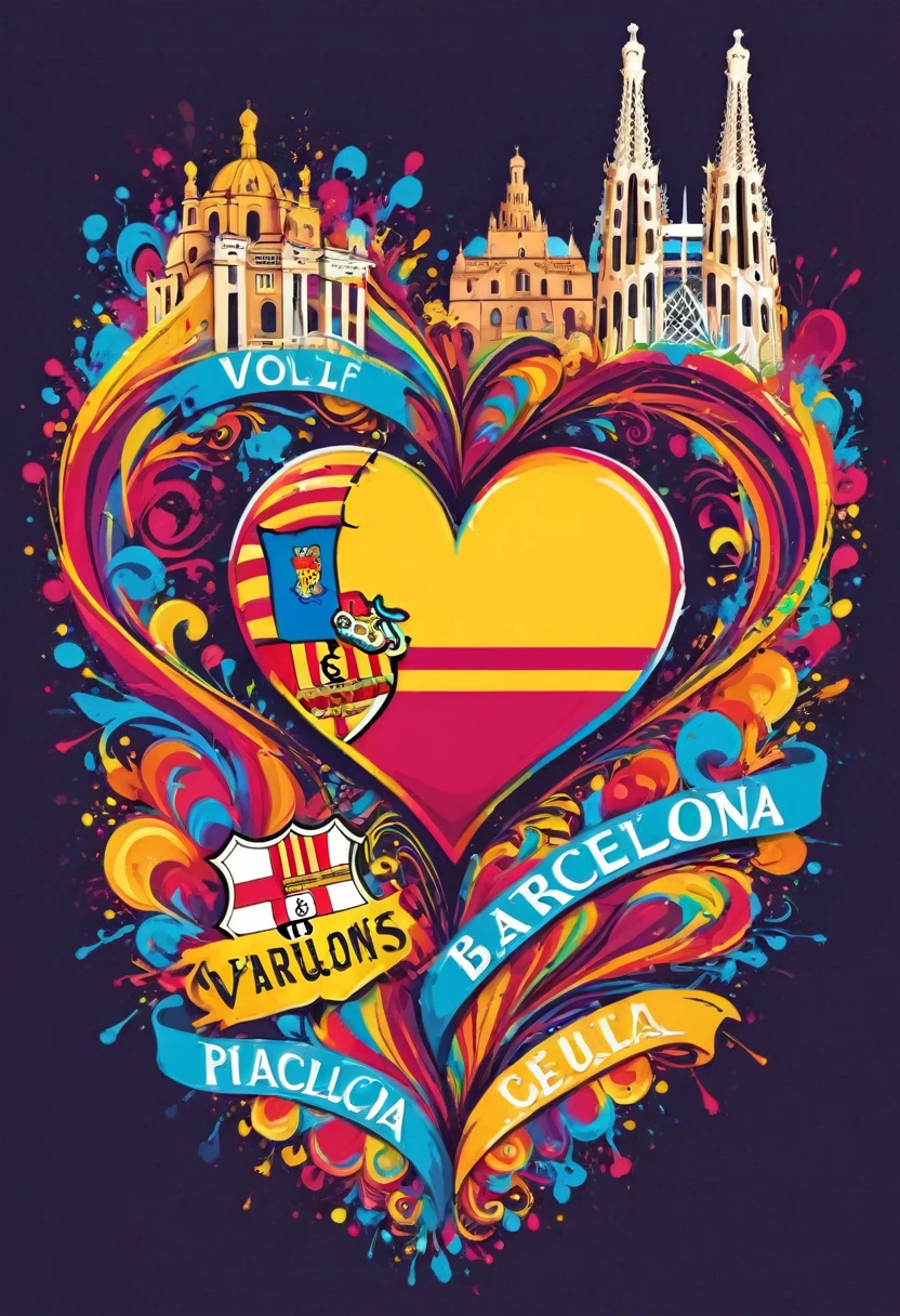 heart-shaped vector art with a colorful illustration, city of Barcelona, At the center, swirly vibrant colors, Paint splashes and stains, high détail, t-shirt designs (artwork, best qualityer, proffesional, perfect composition, very aesthetic, absurdrez, super verbose, details Intricate:1.3)