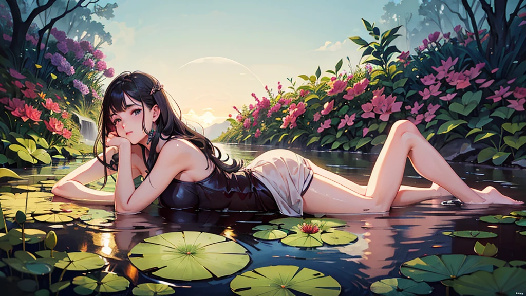 Aarav woman lies in the water with a lily pad on her face., Sleep on a lily pad, Lots of Merlot,  floating in a field of flowers, In the style of Petra Collins, Inspired by Elsa Belda, Dreamy and ethereal., In the pool, By Maud Naftel, Inspiration from Anka Zhuravleva, By Irakli Nadar