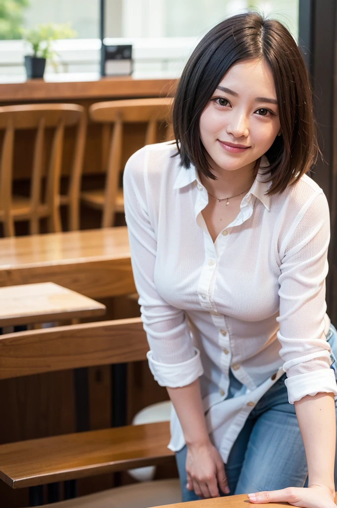 Top quality, 1 beautiful woman, super short Hair, shy-smile, wearing shirt, (leaning forward:1.3), at cafe