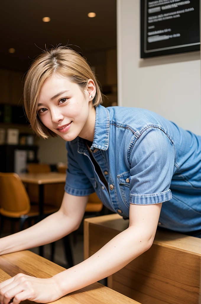 Top quality, 1 beautiful woman, super short Hair, shy-smile, wearing shirt, (leaning forward:1.3), at cafe