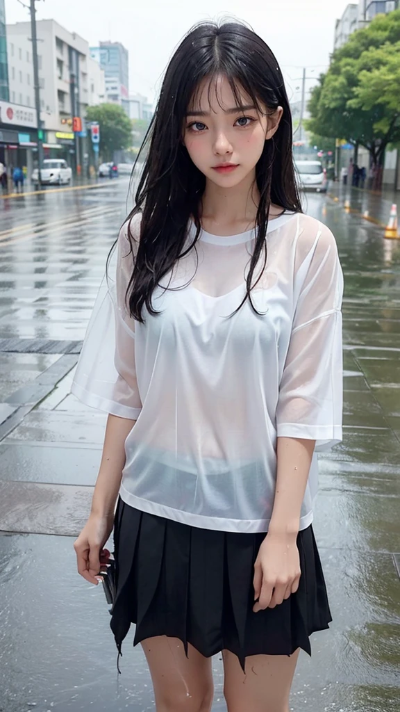 Natural image quality,Standing facing forward, (((looking at the camera))),１People Girls,Japanese,20-year-old,Beauty,tears,Sad expression, Wet short-sleeved summer clothes,Wet fabric skirt,(Disheveled Hair), ((Wet Hair)), ((Wet body)), ((Wet clothes)), ((Wet Face)), (The whole body is wet from rain), (Rainy city office district)