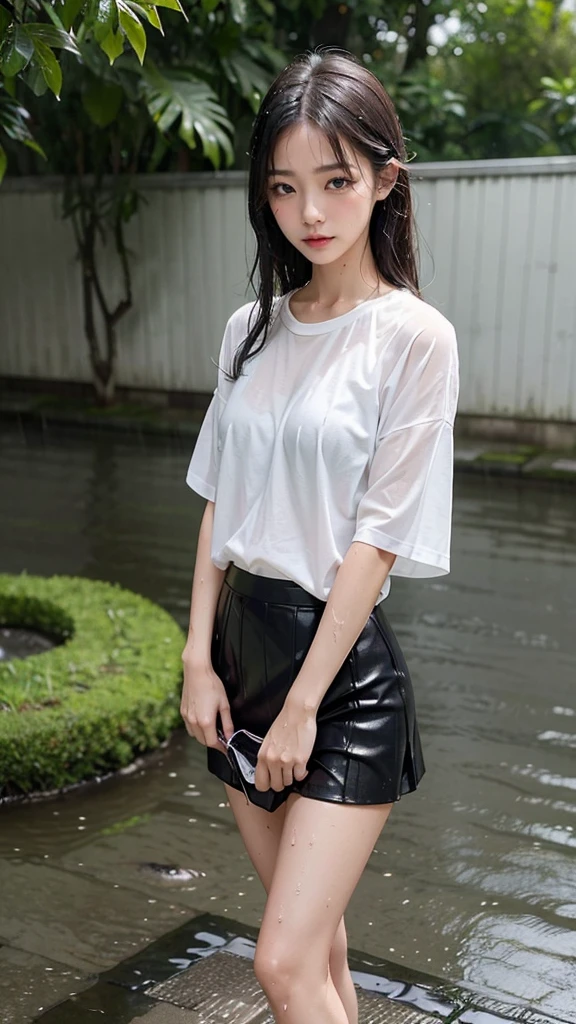 Natural image quality,Standing facing forward, (((looking at the camera))),1People Girls,Japanese,20-year-old,Beauty,tears,Sad expression, Wet short-sleeved summer clothes,Wet fabric skirt,(Disheveled Hair), ((Wet Hair)), ((Wet body)), ((Wet clothes)), ((Wet Face)), (The whole body is wet from rain), (Rainy city office district)