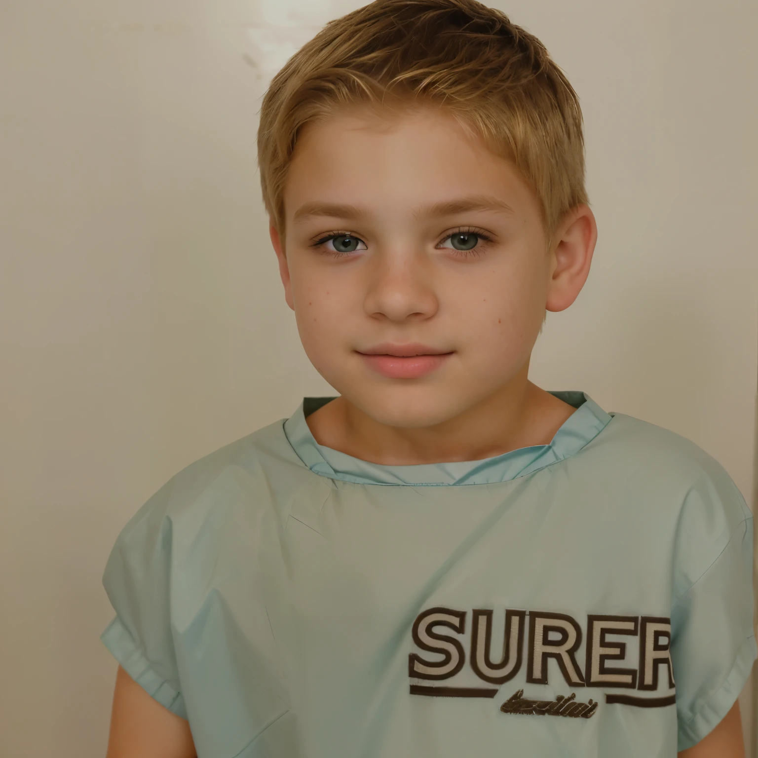 ultra realistic portrait of a mall boy, , blonde hair, brown eyes, feminine face, full body portrait, boy as pediatric patient, standing in medical chnage room, wearing teal patient gown