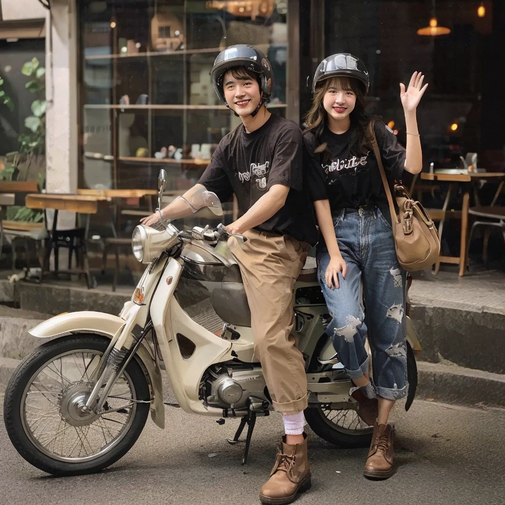 A nostalgic photograph captures the essence of a charming and confident young Asian couple, dressed casually and edgily in black T-shirts printed on them, torn pants, and brown safety boots. They pose on a classic beige Honda C70 Super Cub motorcycle, with the woman gracefully sitting on the bike and the man standing nearby, waving to the camera. They sport retro helmets and carry backpacks, adding to their effortless cool. The cozy café in the background 