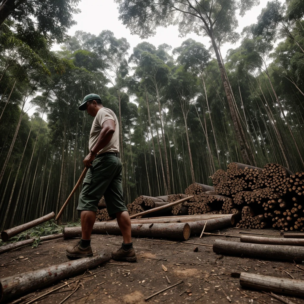 Secret photos of lumberjacks, Asian older man, A forest with only tree stumps, Tropical forests of Southeast Asia, The sky is dark., Hopeless, There was a group of people in the back who were illegally cutting trees., wood cutting machinery, realistically, 8K, A dull, disappointed light,