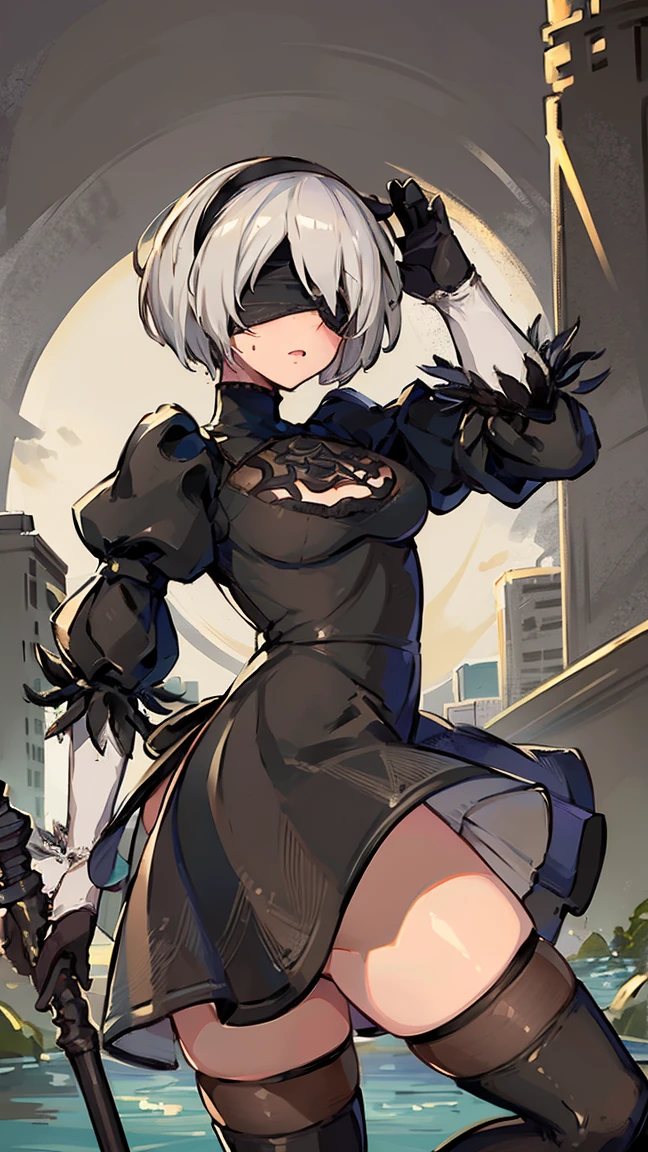 (Highest quality, 8K, masterpiece :1.3),2b,nier:Automata,Ass, One woman,,30 years old,Mom,Gray Hair,nsfw,Alluring expression,Sexy pose,Blindfold