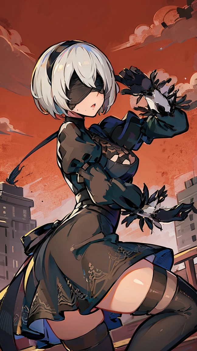 (Highest quality, 8K, masterpiece :1.3),2b,nier:Automata,Ass, One woman,,30 years old,Mom,Gray Hair,nsfw,Alluring expression,Sexy pose,Blindfold