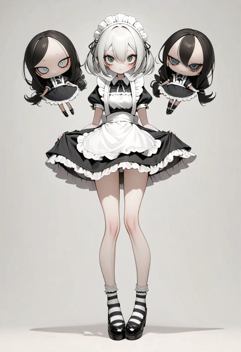 1 big eyes doll，Unique，Maid costume，black and white，Slender legs，Long striped socks，shoe