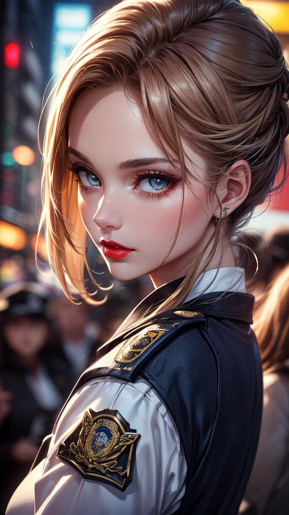 (Highest quality, masterpiece),alone, (Police uniform, Female police officer), (Very delicate and beautiful face), (Beautiful eyes in every detail), City lights, (Looking at the audience: 1.3), Release your lips, Red lips, Shiny skin, Highest quality, Ultra-high resolution, (realism: 1.4),