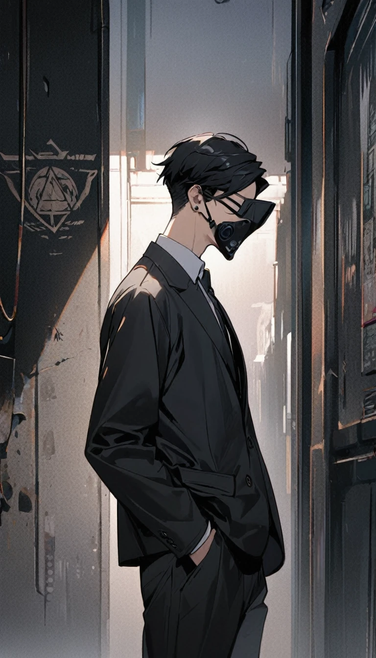 1boy, he is wearing a black high tech mask,earrings,black hair covering both his eyes,open white school blazer with logo ,,standing,hands in pocket, calm,closeup,side profile ,