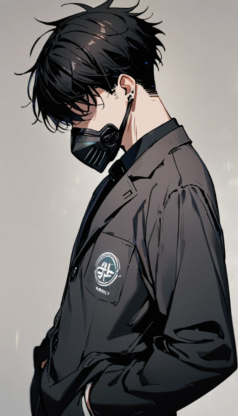 1boy, he is wearing a black high tech mask,earrings,black hair covering both his eyes,open white school blazer with logo ,,standing,hands in pocket, calm,closeup,side profile ,